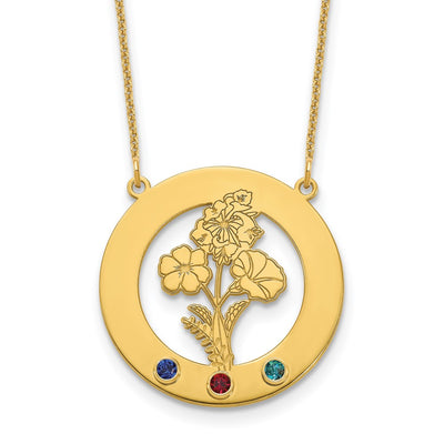 14K Yellow Gold Circle w/3 Birth Flower and Birthstone Necklace