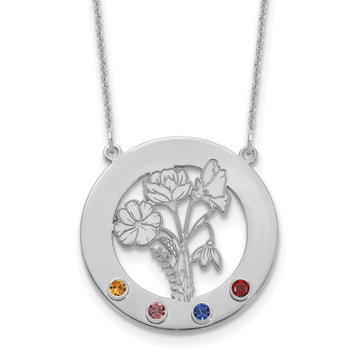 14K White Gold Circle w/4 Birth Flower and Birthstone Necklace