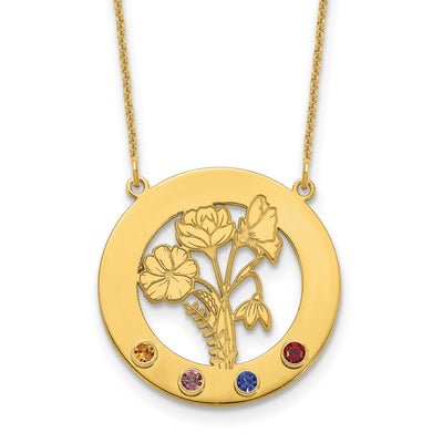 14K Yellow Gold Circle w/4 Birth Flower and Birthstone Necklace