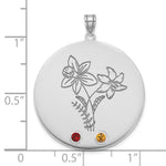 14k White Gold Circle w/2 Birth Flower and Birthstone Pendant view 5