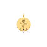 14k Yellow Gold Circle w/3 Birth Flower and Birthstone Pendant view 4