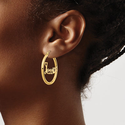 10K Yellow Gold Satin and Diamond-cut Name Plate Hoop Earrings