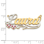 10K Yellow Gold w/ Rhodium and Ruby 3D Diamond with Hearts Name Plate view