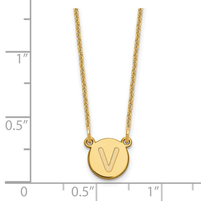 14K Yellow Gold Tiny Circle Block Letter V Initial Necklace