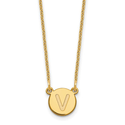 14K Yellow Gold Tiny Circle Block Letter V Initial Necklace