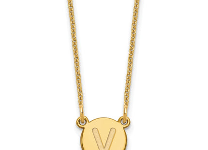 14K Yellow Gold Tiny Circle Block Initial Necklace letter V