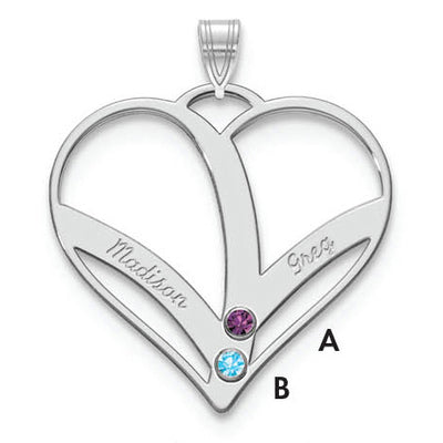 10K White Gold 2-Name w/Birthstones w/14K Bezel Cut Out Heart Pendant