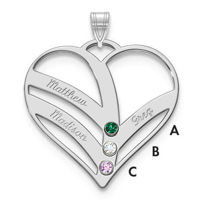 10K White Gold 3-Name w/Birthstones w/14K Bezel Cut Out Heart Pendant