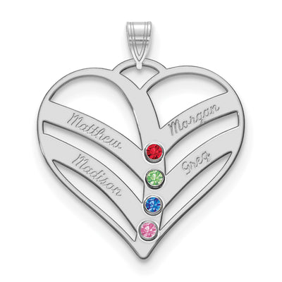 10K White Gold 4-Name w/Birthstones w/14K Bezel Cut Out Heart Pendant