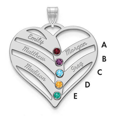 10K White Gold 5-Name w/Birthstones w/14K Bezel Cut Out Heart Pendant