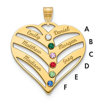 10K Yellow Gold 6-Name w/Birthstones w/14K Bezel Cut Out Heart Pendant