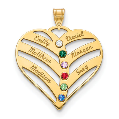 10K Yellow Gold 6-Name w/Birthstones w/14K Bezel Cut Out Heart Pendant