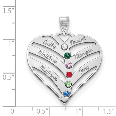 10K White Gold 6-Name w/Birthstones w/14K Bezel Cut Out Heart Pendant