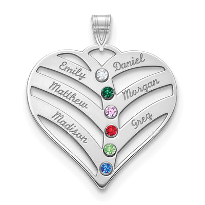 10K White Gold 6-Name w/Birthstones w/14K Bezel Cut Out Heart Pendant