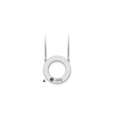 14K White Gold 1 Name & Birthstone w/ 18K Rhodium Plated Bezel Circle Necklace