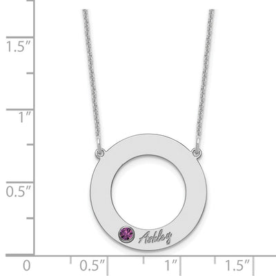14K White Gold 1 Name & Birthstone w/ 18K Rhodium Plated Bezel Circle Necklace