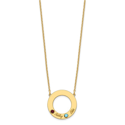 10K Yellow Gold 2 Name and Birthstone w/ 14K Bezel Cut Out Circle Necklace