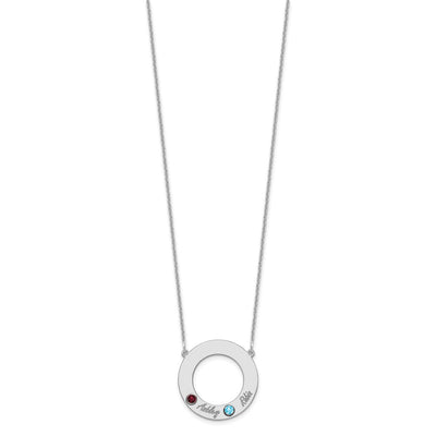 14K White Gold 2 Name & Birthstone w/ 18K Rhodium Plated Bezel Circle Necklace
