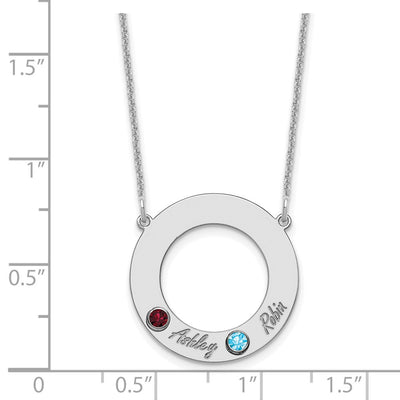 14K White Gold 2 Name & Birthstone w/ 18K Rhodium Plated Bezel Circle Necklace