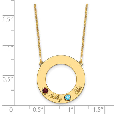 14K Yellow Gold 2 Name and Birthstone w/ 14K Bezel Cut Out Circle Necklace