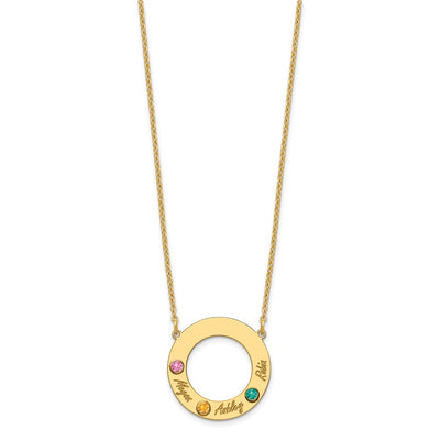 10K Yellow Gold 3 Name and Birthstone w/ 14K Bezel Cut Out Circle Necklace