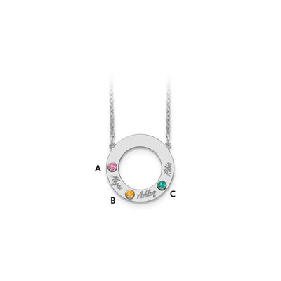 14K White Gold 3 Name & Birthstone w/ 18K Rhodium Plated Bezel Circle Necklace