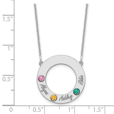 14K White Gold 3 Name & Birthstone w/ 18K Rhodium Plated Bezel Circle Necklace