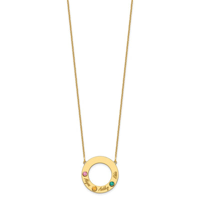 14K Yellow Gold 3 Name and Birthstone w/ 14K Bezel Cut Out Circle Necklace
