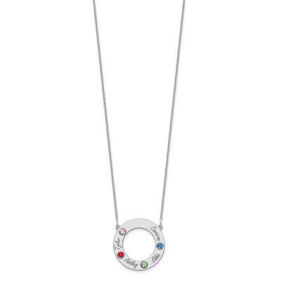 14K White Gold 4 Name & Birthstone w/ 14K Rhodium Plated Bezel Circle Necklace