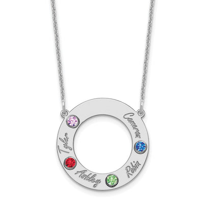 14K White Gold 4 Name & Birthstone w/ 14K Rhodium Plated Bezel Circle Necklace
