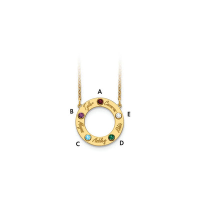 14K Yellow Gold 5 Name and Birthstone w/ 14K Bezel Cut Out Necklace
