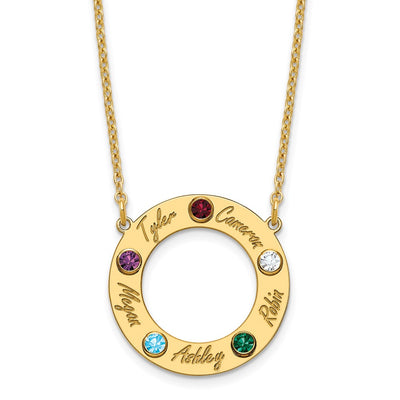 10K Yellow Gold 5 Name and Birthstone w/ 14K Bezel Cut Out Circle Necklace