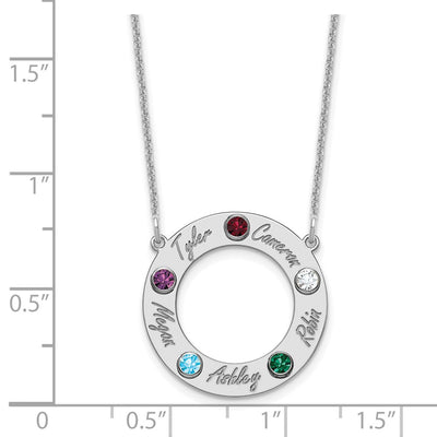 14K White Gold 5 Name & Birthstone w/ 18K Rhodium Plated Bezel Circle Necklace