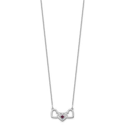 14K White Gold 3 Hearts 1 Birthstone w/ 18K Rhodium Plated Bezel Necklace