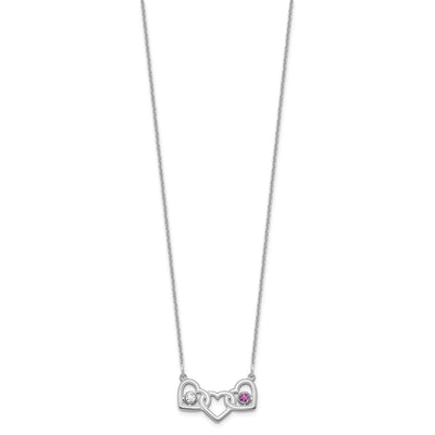 14K White Gold 3 Hearts 2 Birthstones w/ 18K Rhodium Plated Bezels Necklace