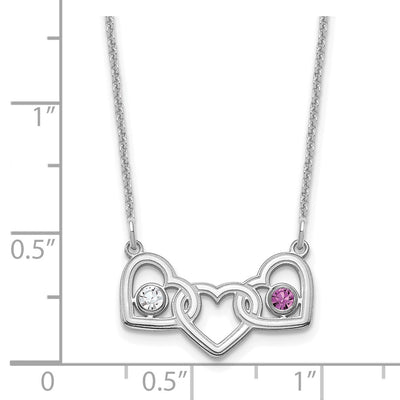 14K White Gold 3 Hearts 2 Birthstones w/ 18K Rhodium Plated Bezels Necklace