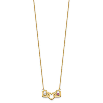 14K Yellow Gold 3 Hearts 2 Birthstones w/ 14K Bezel Necklace