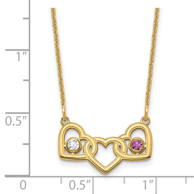 14K Yellow Gold 3 Hearts 2 Birthstones w/ 14K Bezel Necklace
