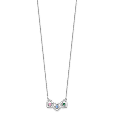 14K White Gold 3 Hearts 3 Birthstones w/ 18K Rhodium Plated Bezels Necklace