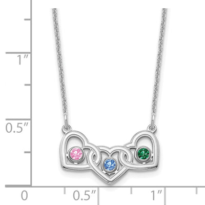 14K White Gold 3 Hearts 3 Birthstones w/ 18K Rhodium Plated Bezels Necklace
