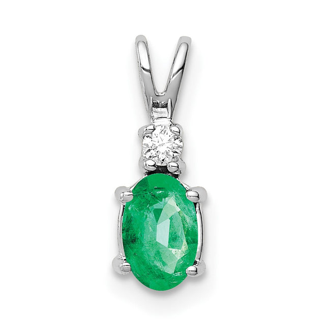 14k White Gold Oval Emerald and AA Diamond Pendant, 13 x 5mm