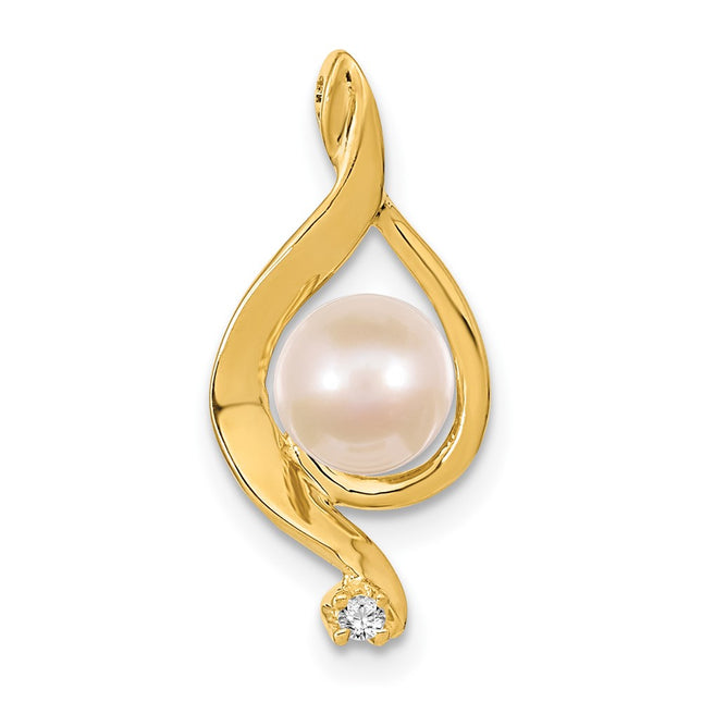 14k White Round Freshwater Cultured Pearl AA Diamond Pendant, 20 x 10mm