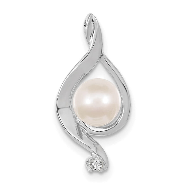 14k White Gold Round Freshwater Cultured Pearl AA Diamond Pendant, 20 x 10mm