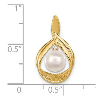 14K White Round Freshwater Cultured Pearl AA Diamond Pendant, 22 x 12mm