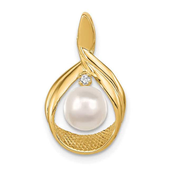 14k White Round Freshwater Cultured Pearl AA Diamond Pendant, 22 x 12mm