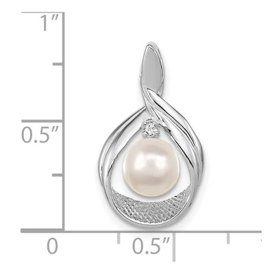 14K White Gold White Round Freshwater Cultured Pearl AA Diamond Pendant, 22 x 12mm