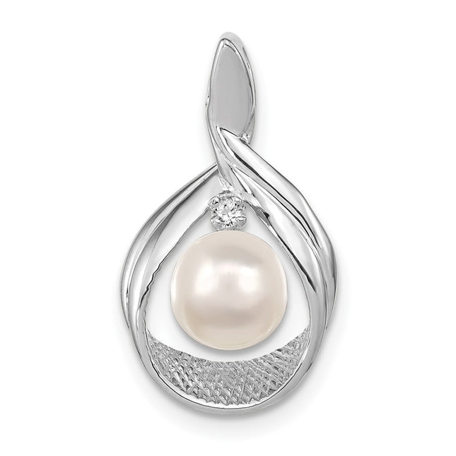 14k White Gold White Round Freshwater Cultured Pearl AA Diamond Pendant, 22 x 12mm