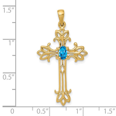 14K Oval Blue Topaz cross pendant