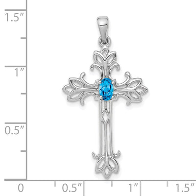 14K White Gold Oval Blue Topaz cross pendant