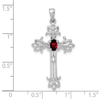 14K White Gold Oval Garnet cross pendant